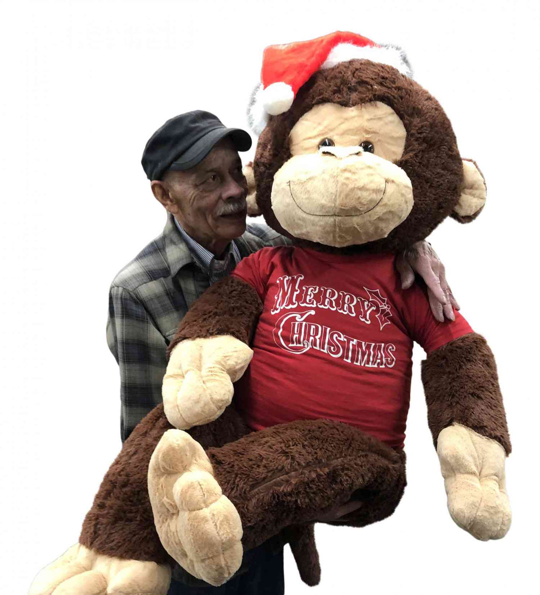 Merry Christmas Giant Stuffed Monkey 4 Feet Tall Soft Brown Large Plush Ape wears Holiday T-Shirt 48 Inches New - Big Plush® 