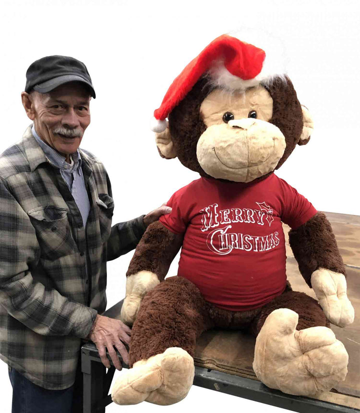 Merry Christmas Giant Stuffed Monkey 4 Feet Tall Soft Brown Large Plush Ape wears Holiday T-Shirt 48 Inches New - Big Plush® 