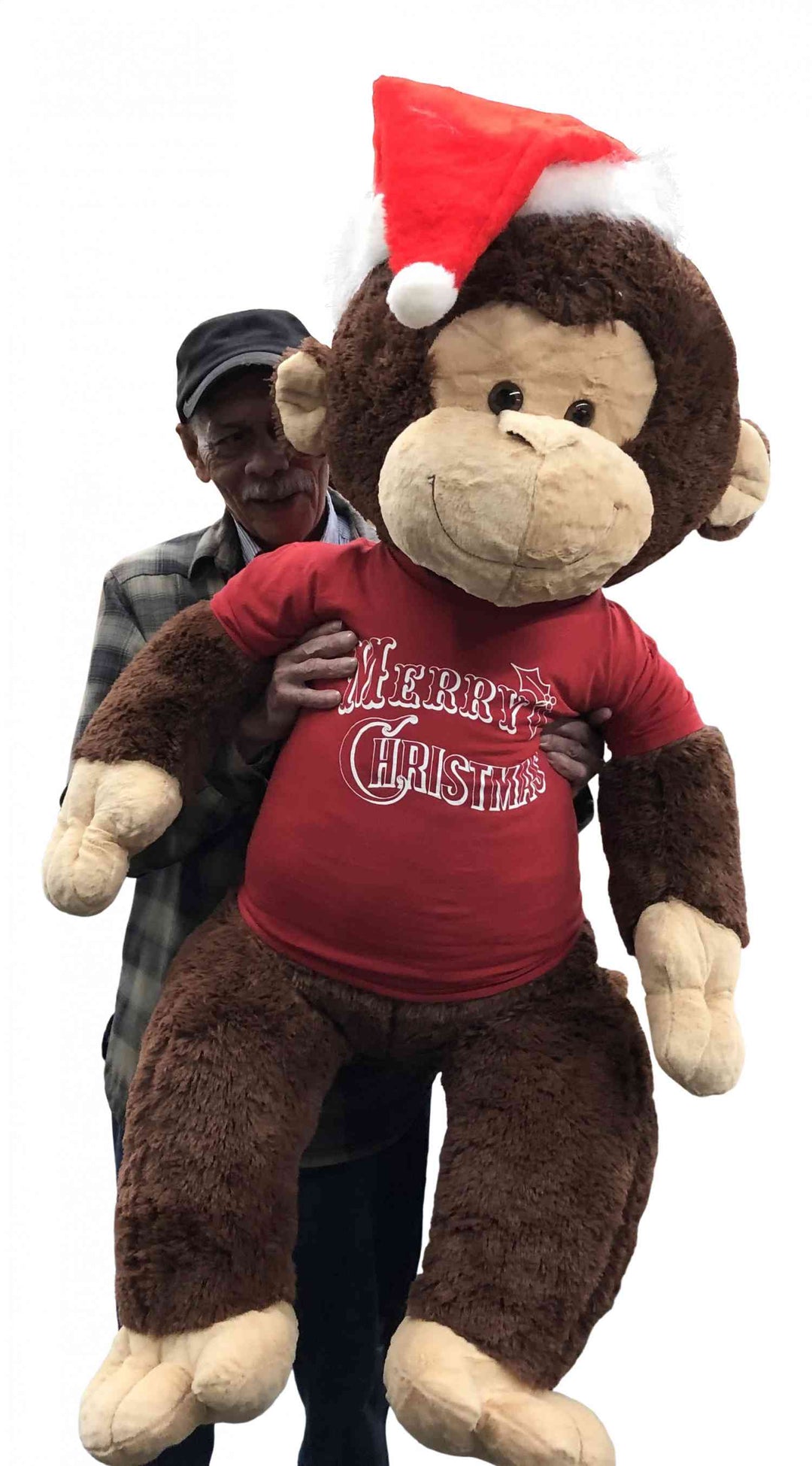 Merry Christmas Giant Stuffed Monkey 4 Feet Tall Soft Brown Large Plush Ape wears Holiday T-Shirt 48 Inches New - Big Plush® 