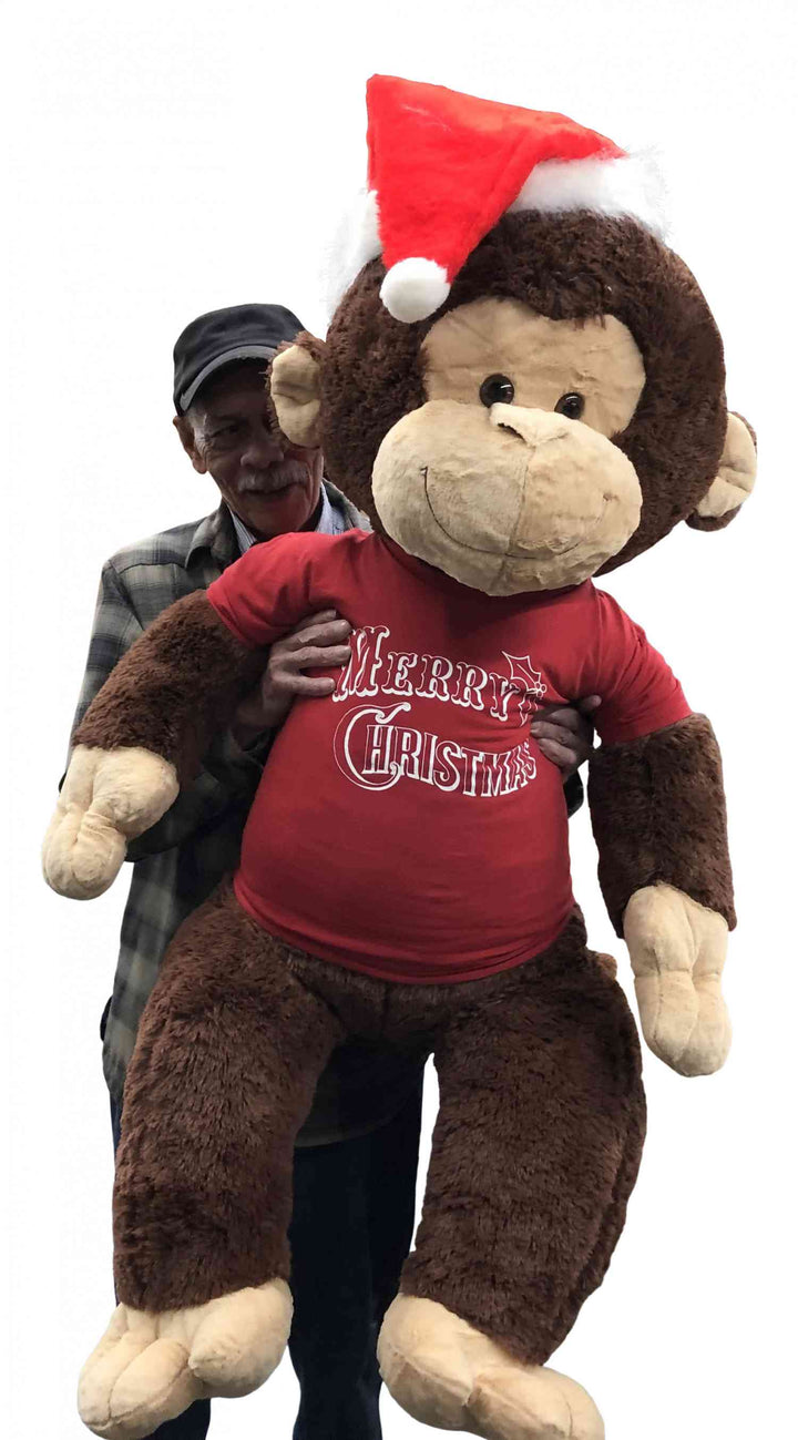 Merry Christmas Giant Stuffed Monkey 4 Feet Tall Soft Brown Large Plush Ape wears Holiday T-Shirt 48 Inches New - Big Plush® 