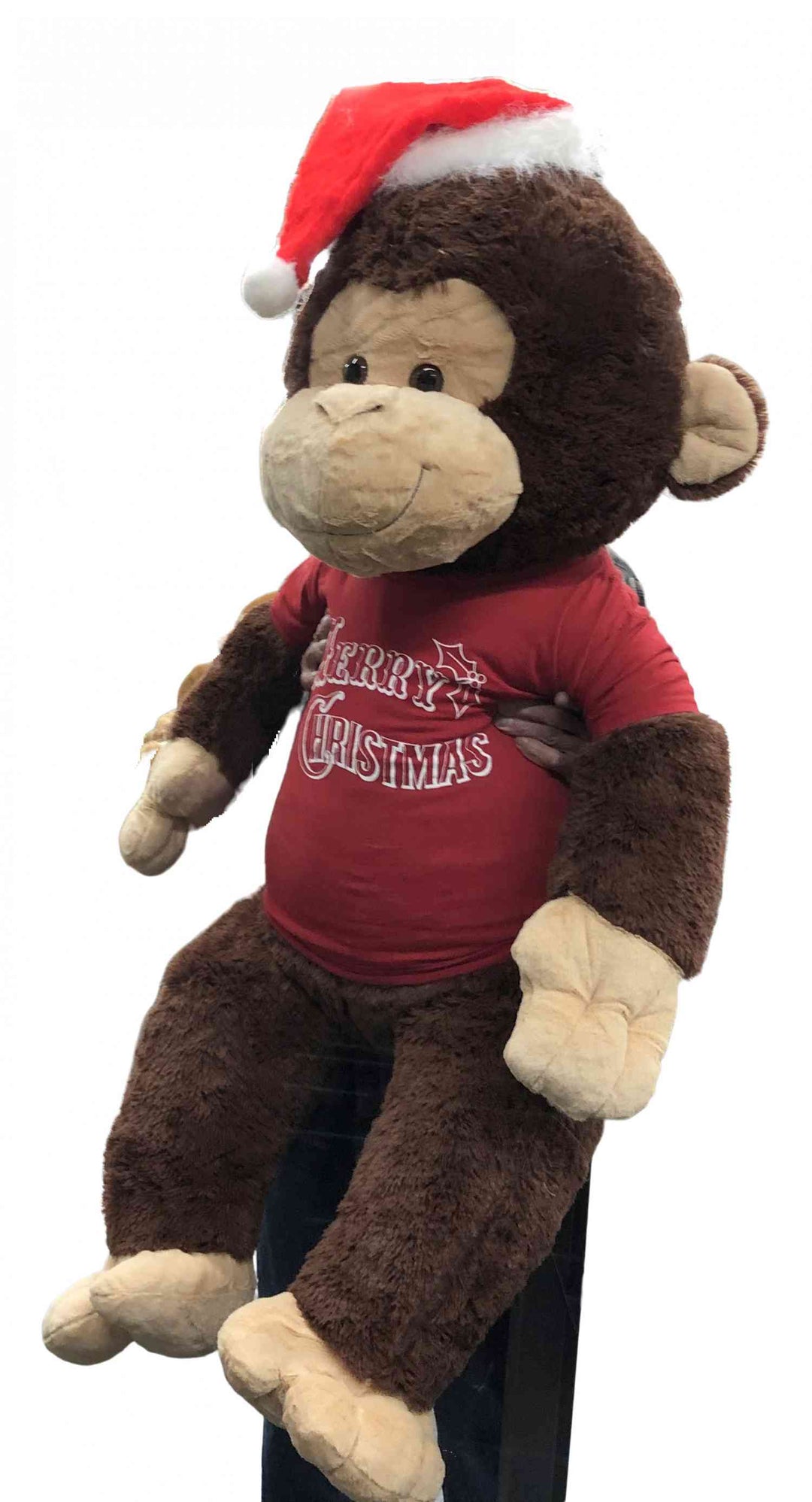 Merry Christmas Giant Stuffed Monkey 4 Feet Tall Soft Brown Large Plush Ape wears Holiday T-Shirt 48 Inches New - Big Plush® 