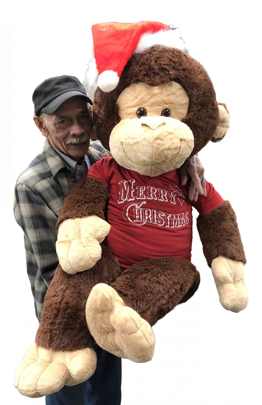Merry Christmas Giant Stuffed Monkey 4 Feet Tall Soft Brown Large Plush Ape wears Holiday T-Shirt 48 Inches New - Big Plush® 