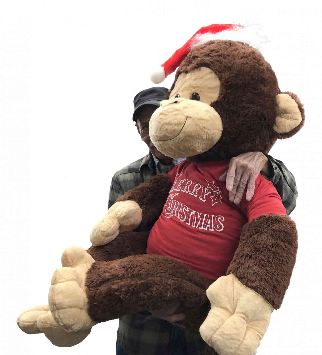 Merry Christmas Giant Stuffed Monkey 4 Feet Tall Soft Brown Large Plush Ape wears Holiday T-Shirt 48 Inches New - Big Plush® 