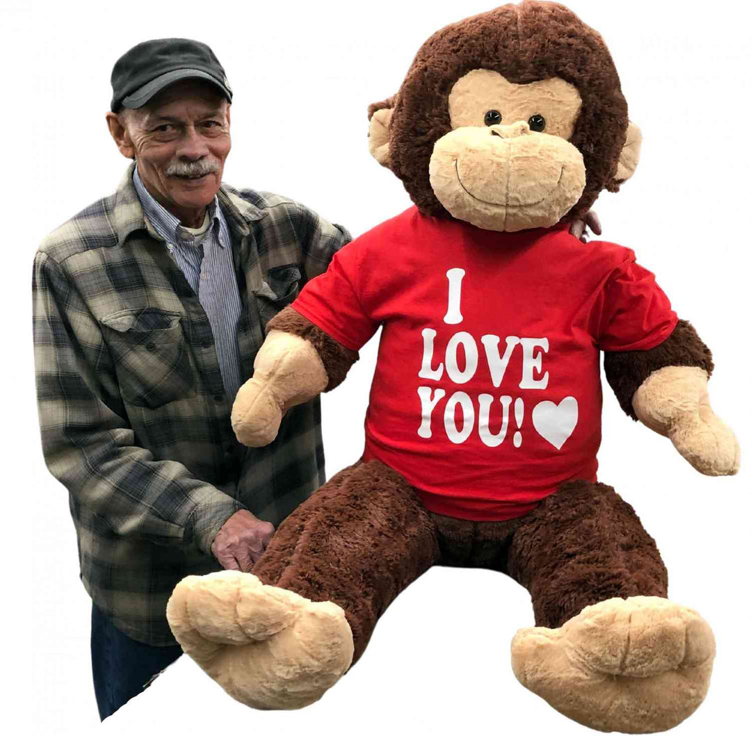 I Love You Giant Stuffed Monkey 4 Feet Tall Soft Brown Large Plush Ape wears T-Shirt 48 Inches New - Big Plush® 