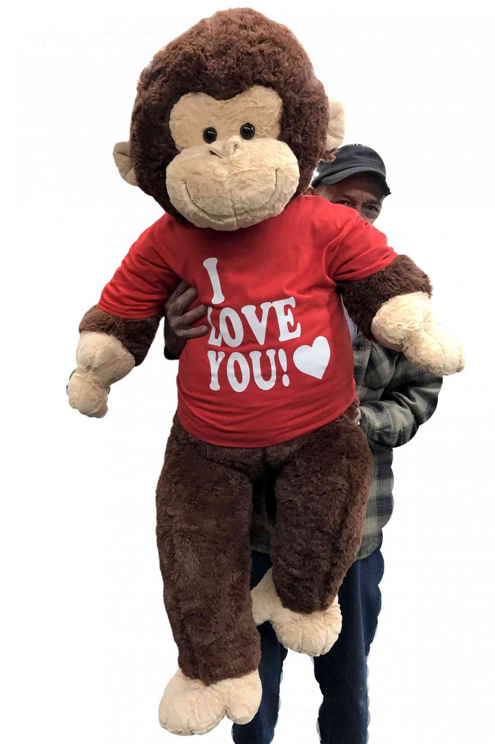 I Love You Giant Stuffed Monkey 4 Feet Tall Soft Brown Large Plush Ape wears T-Shirt 48 Inches New - Big Plush® 