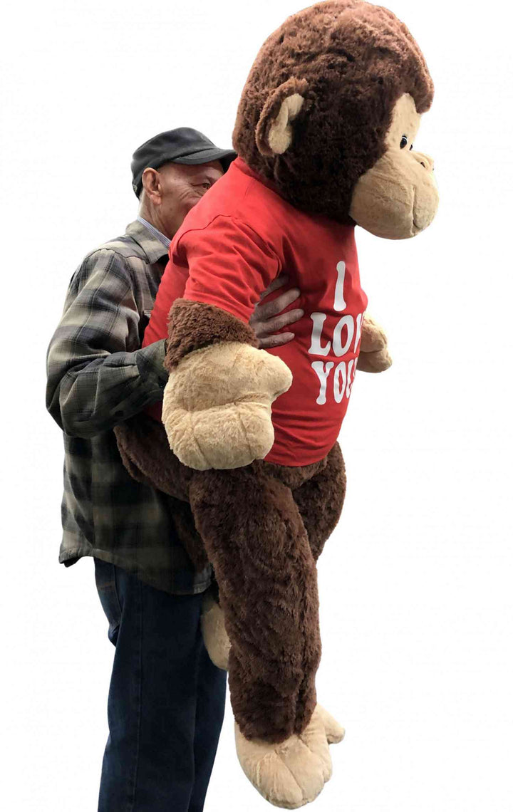 I Love You Giant Stuffed Monkey 4 Feet Tall Soft Brown Large Plush Ape wears T-Shirt 48 Inches New - Big Plush® 