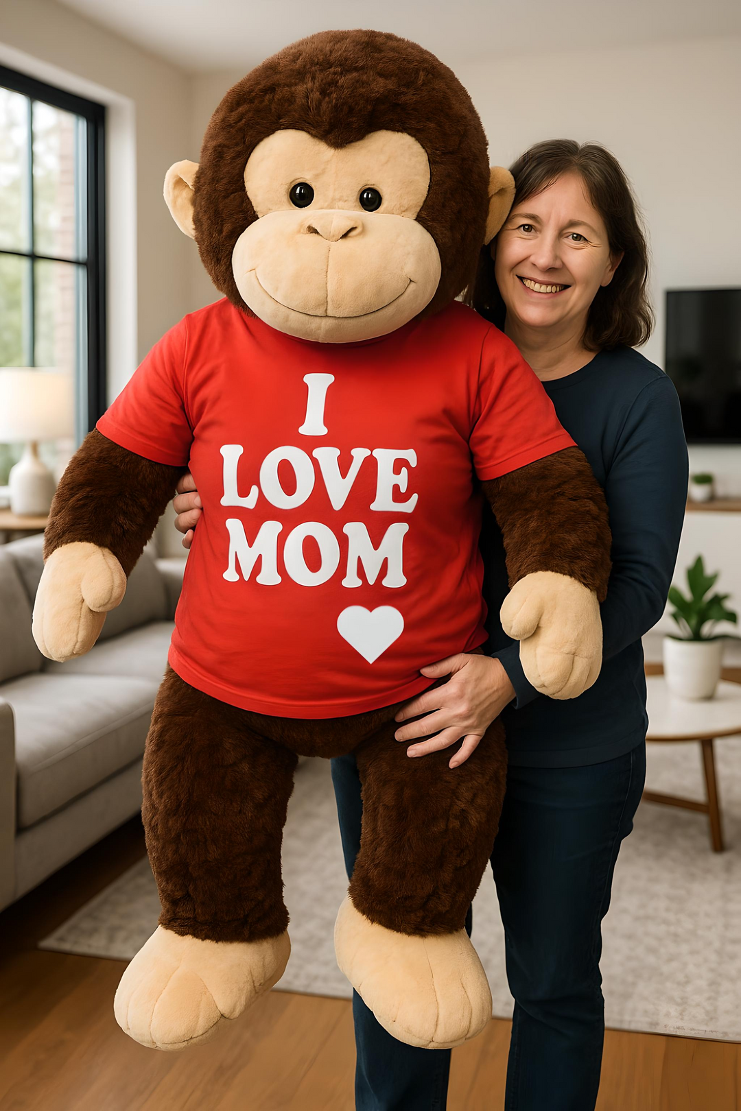 I Love Mom Giant Stuffed Monkey Mother's Day Gift 4 Feet Tall Soft Brown Large Plush Ape wears T-Shirt 48 Inches New Big Plush 