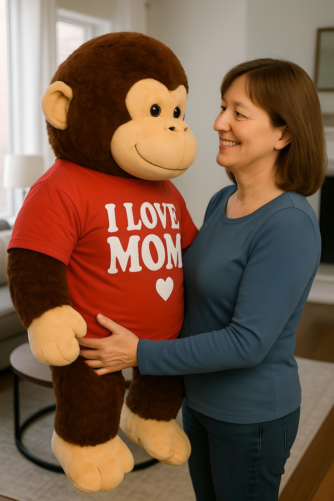I Love Mom Giant Stuffed Monkey Mother's Day Gift 4 Feet Tall Soft Brown Large Plush Ape wears T-Shirt 48 Inches New Big Plush 