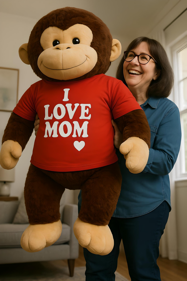 I Love Mom Giant Stuffed Monkey Mother's Day Gift 4 Feet Tall Soft Brown Large Plush Ape wears T-Shirt 48 Inches New Big Plush 