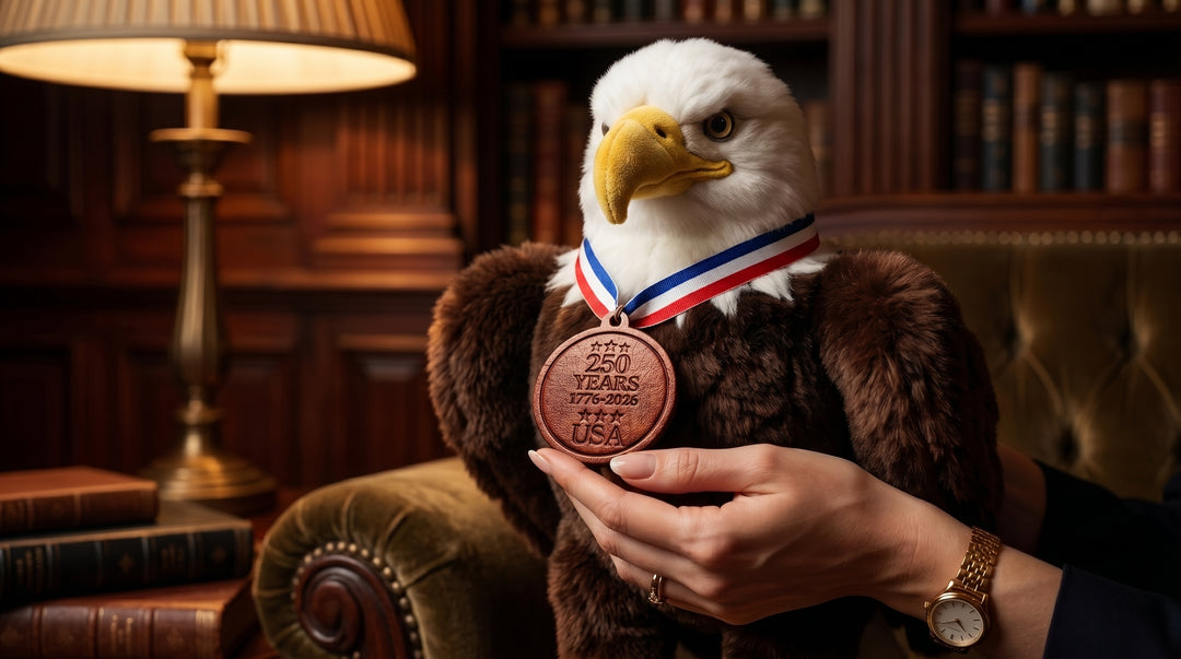 American Made Bald Eagle Stuffed Animal 12 Inch – 250th Anniversary Commemorative Plush with Leather Medallion – Made in USA