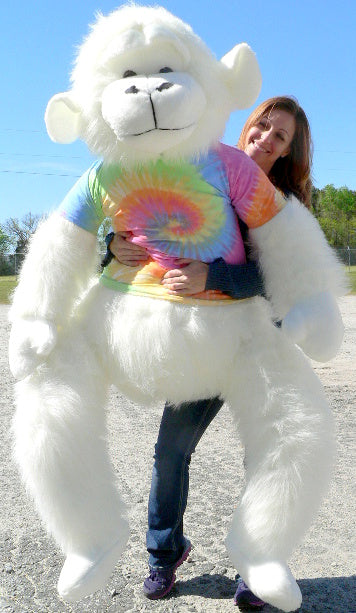 American Made Giant Stuffed White Gorilla 6 Foot Soft Big Plush Monkey Wears Rainbow Tie Dye T-Shirt