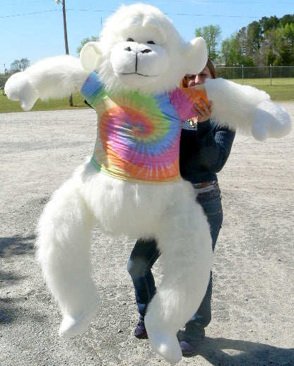 American Made Giant Stuffed White Gorilla 6 Foot Soft Big Plush Monkey Wears Rainbow Tie Dye T-Shirt