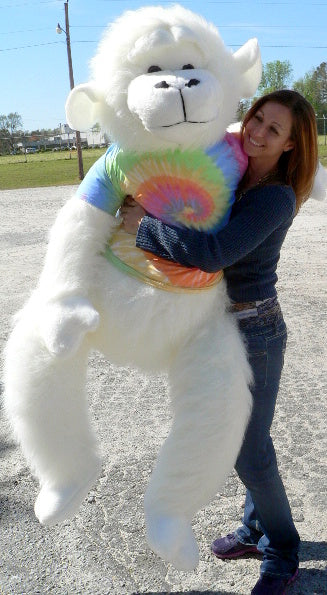 American Made Giant Stuffed White Gorilla 6 Foot Soft Big Plush Monkey Wears Rainbow Tie Dye T-Shirt