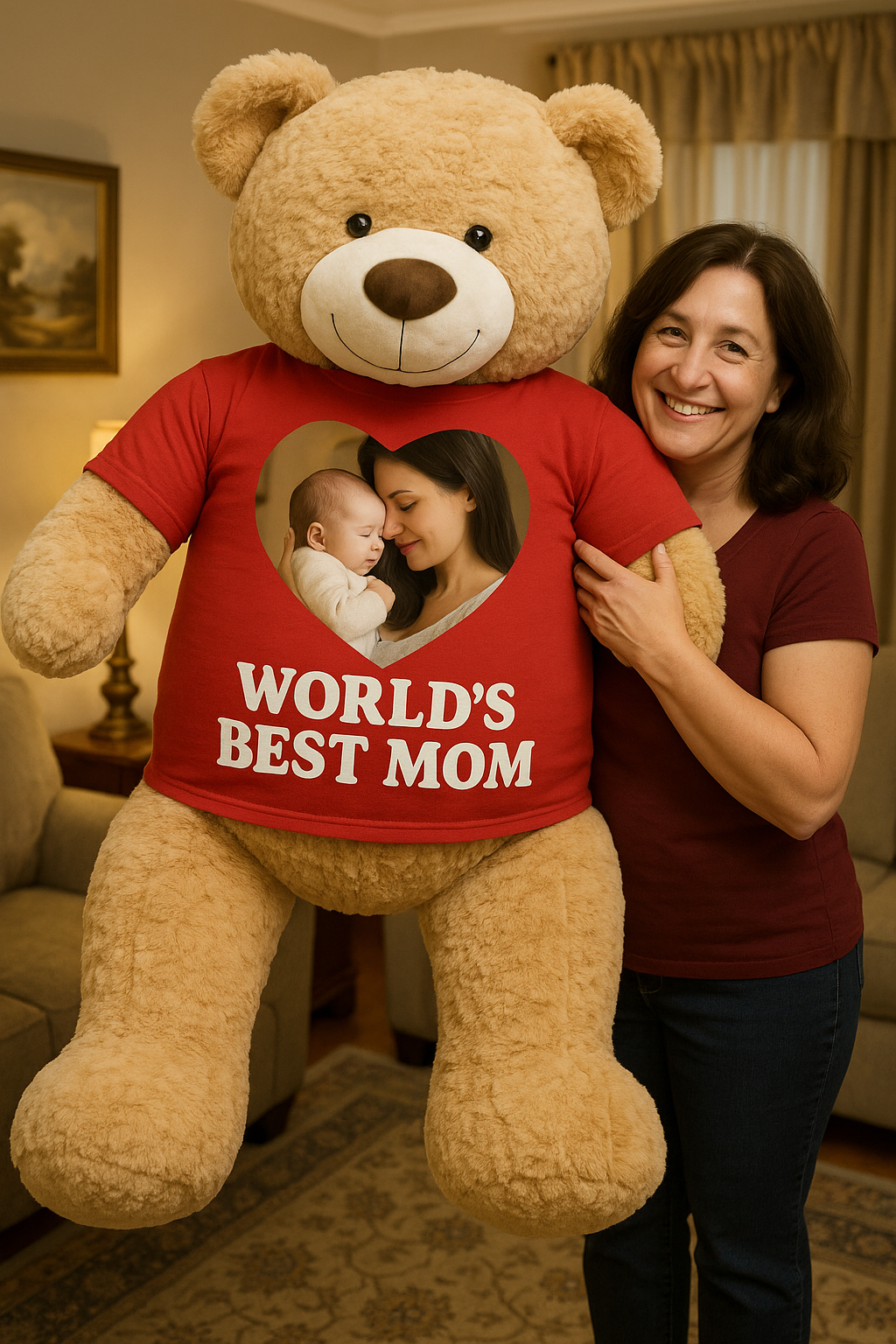 Mothers Day Giant Personalized Teddy Bear 5ft  - World's Best Mom - Upload Your Photo for T-shirt Worn by the Bear