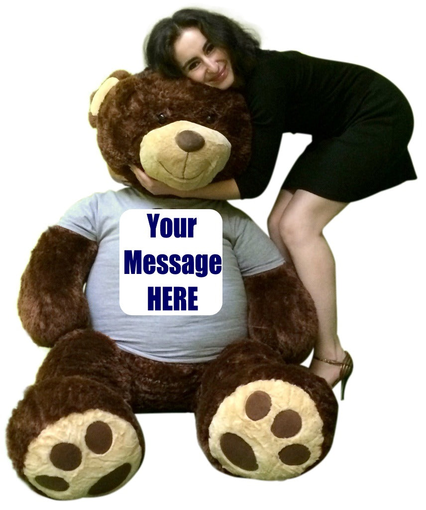 Customized T-shirt on Big Plush 5 Foot Brown Teddy Bear, Shirt is Custom Imprinted with Your Text
