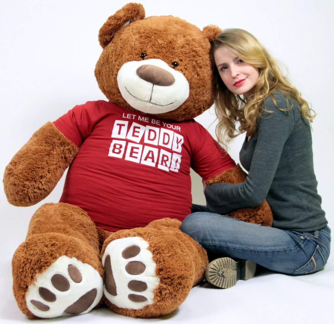 Big Plush Giant 5 Foot Teddy Bear Caramel Color Wears Tshirt LET ME BE YOUR TEDDY