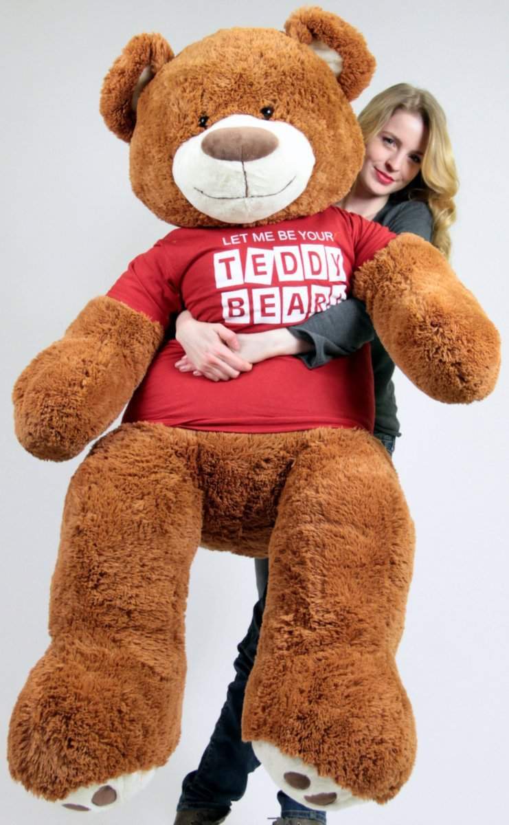 Big Plush Giant 5 Foot Teddy Bear Caramel Color Wears Tshirt LET ME BE YOUR TEDDY