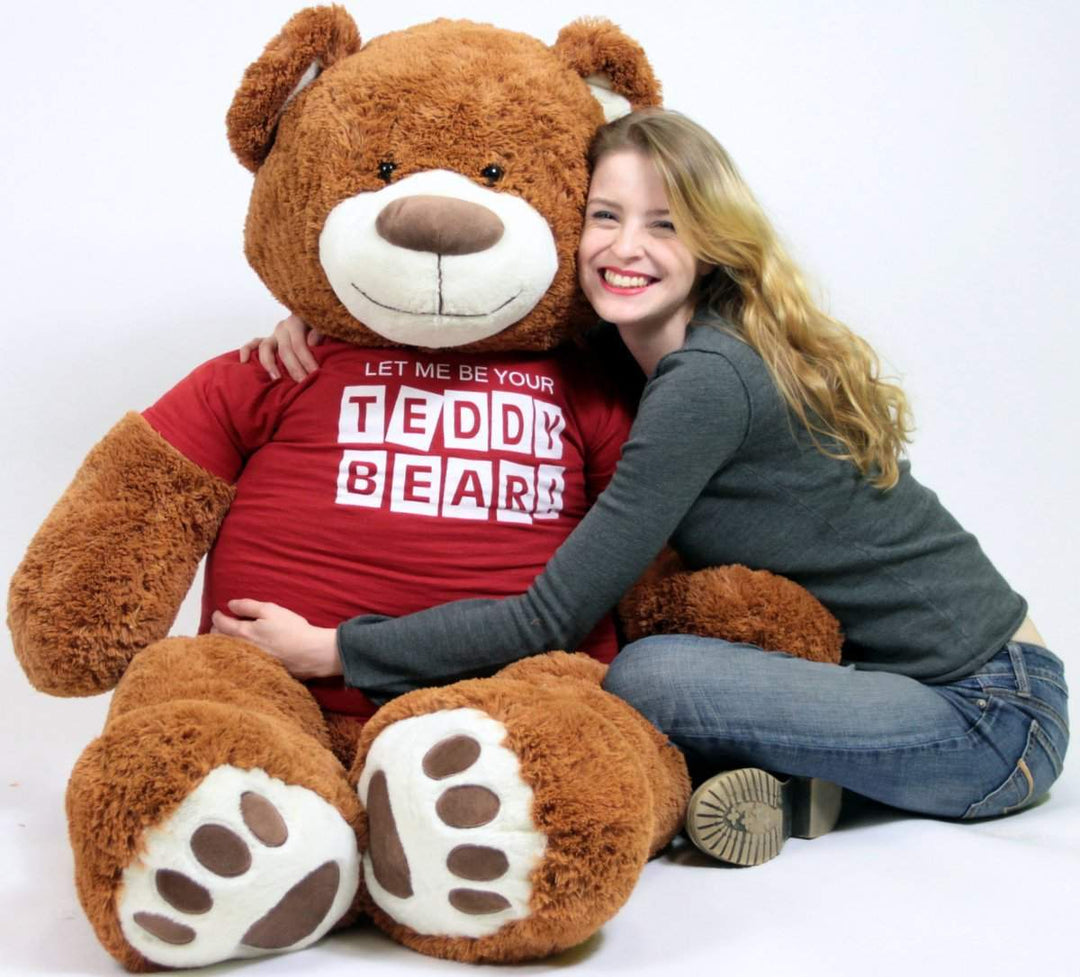 Big Plush Giant 5 Foot Teddy Bear Caramel Color Wears Tshirt LET ME BE YOUR TEDDY