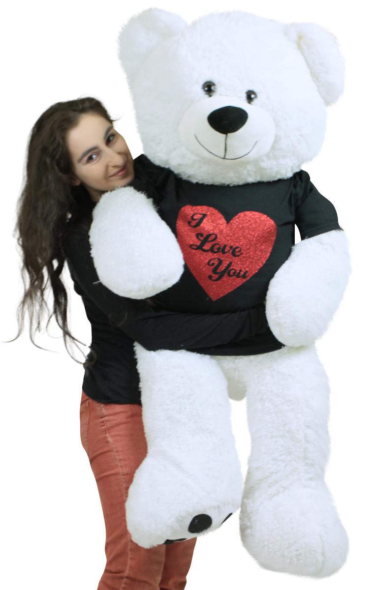 Very Big Valentine White Teddy Bear Wears Removable Black and Red Glitter T-shirt I Love You Soft 52 Inches