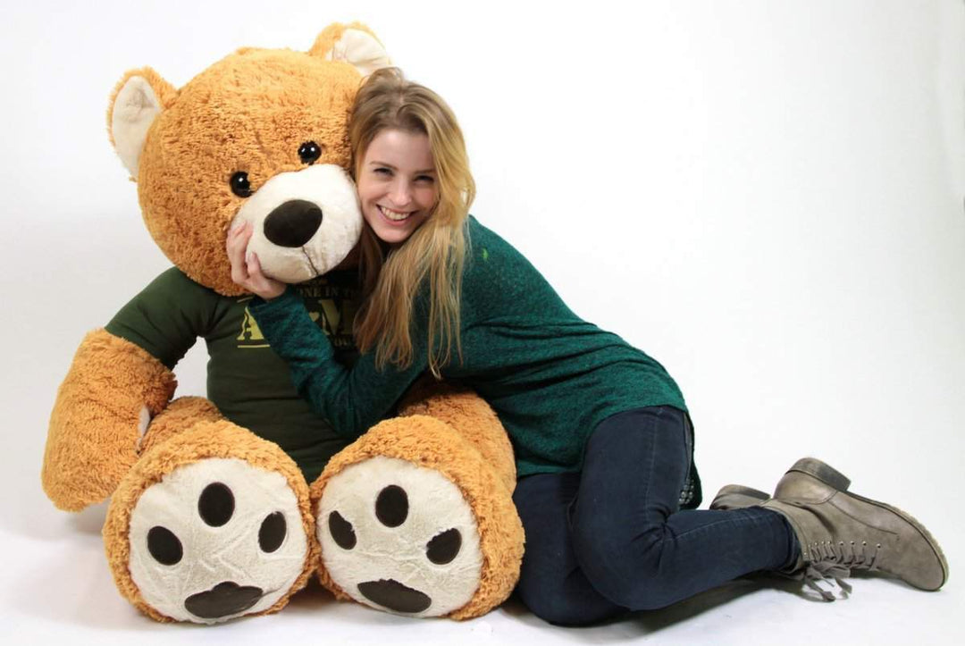 United States Army Big Plush Giant Teddy Bear Five Feet Tall Honey Brown Color Wears Tshirt that says SOMEONE IN THE ARMY LOVES YOU