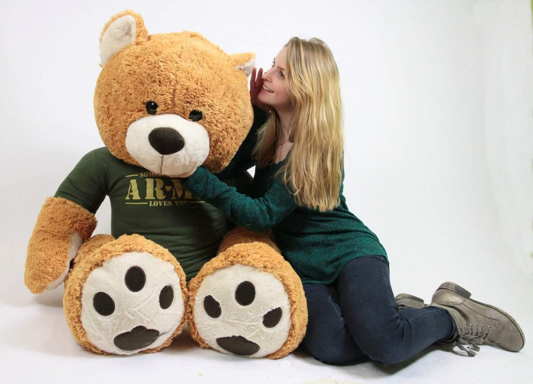 United States Army Big Plush Giant Teddy Bear Five Feet Tall Honey Brown Color Wears Tshirt that says SOMEONE IN THE ARMY LOVES YOU
