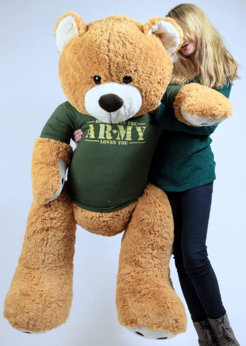 United States Army Big Plush Giant Teddy Bear Five Feet Tall Honey Brown Color Wears Tshirt that says SOMEONE IN THE ARMY LOVES YOU
