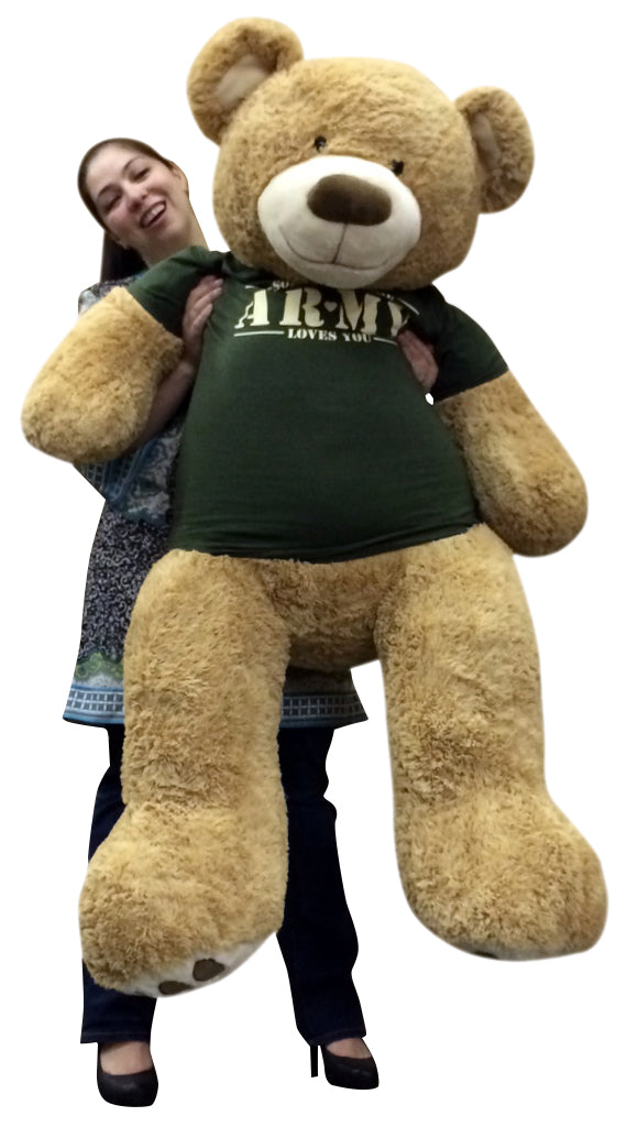 Giant 5 Foot Romantic Teddy Bear Wearing Tshirt That Says SOMEBODY IN THE ARMY LOVES YOU Big Military Teddy Bear
