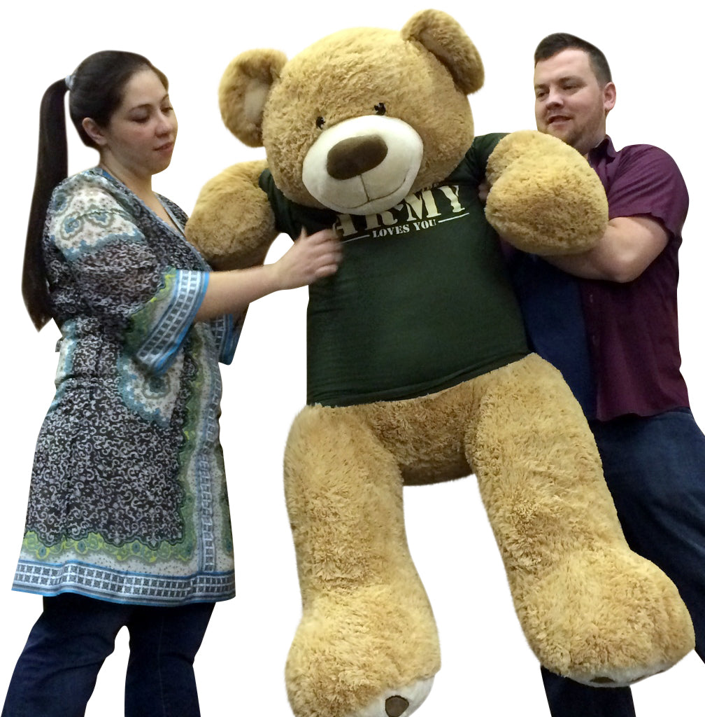 Giant 5 Foot Romantic Teddy Bear Wearing Tshirt That Says SOMEBODY IN THE ARMY LOVES YOU Big Military Teddy Bear