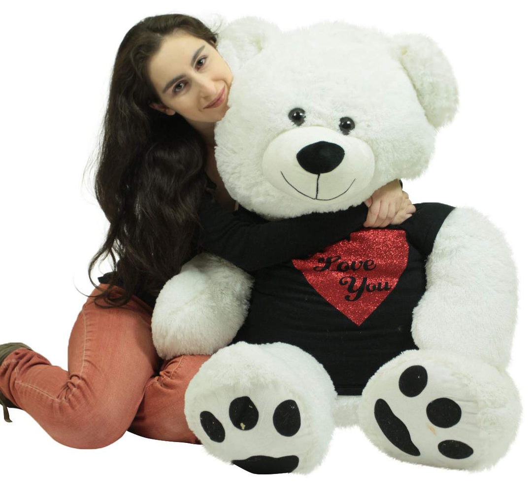 Very Big Valentine White Teddy Bear Wears Removable Black and Red Glitter T-shirt I Love You Soft 52 Inches