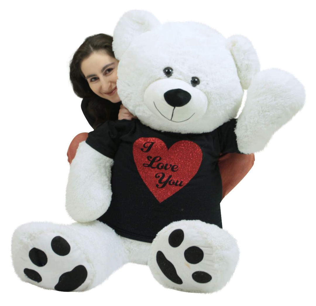 Very Big Valentine White Teddy Bear Wears Removable Black and Red Glitter T-shirt I Love You Soft 52 Inches