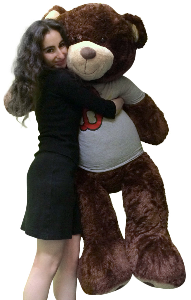 Customized T-shirt on Big Plush 5 Foot Brown Teddy Bear, Shirt is Custom Imprinted with Your Text