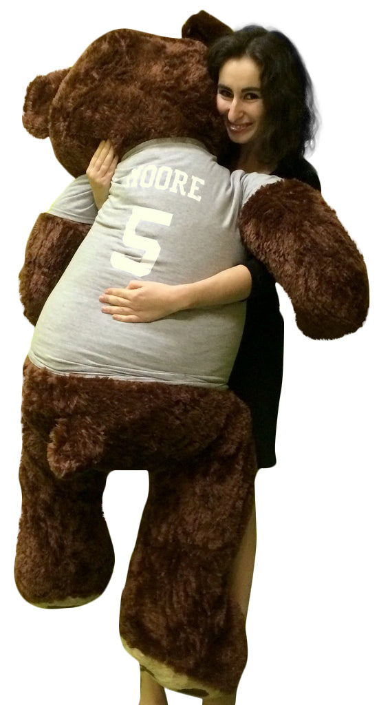 Customized T-shirt on Big Plush 5 Foot Brown Teddy Bear, Shirt is Custom Imprinted with Your Text