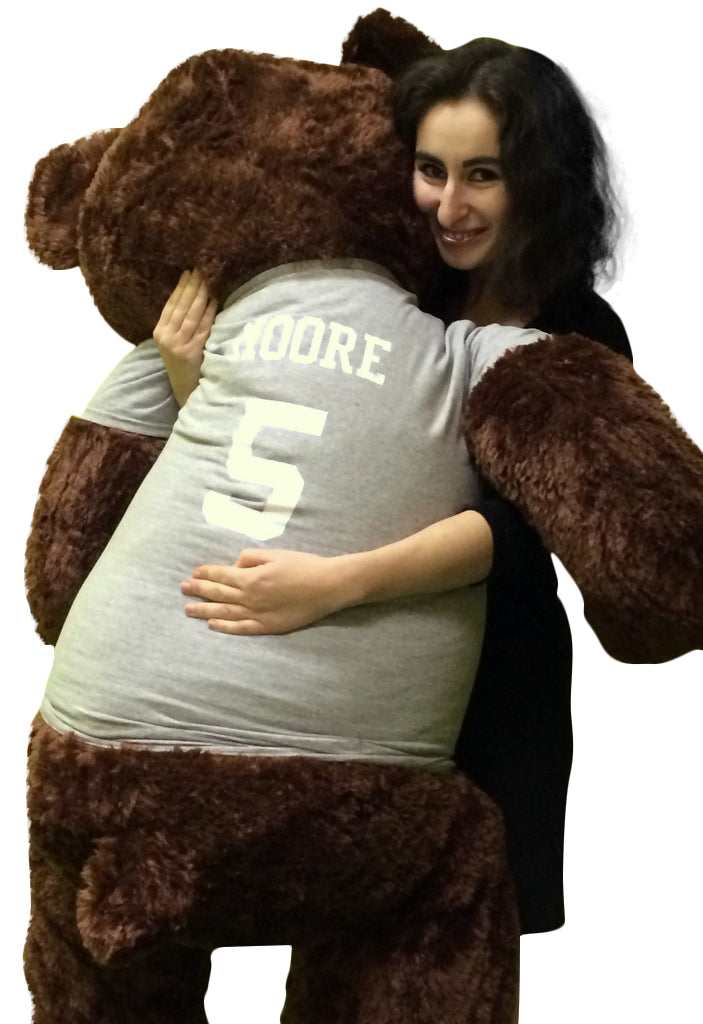 Customized T-shirt on Big Plush 5 Foot Brown Teddy Bear, Shirt is Custom Imprinted with Your Text