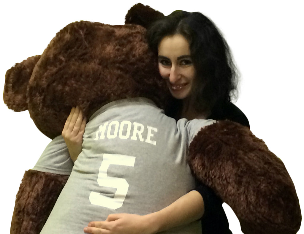 Customized T-shirt on Big Plush 5 Foot Brown Teddy Bear, Shirt is Custom Imprinted with Your Text