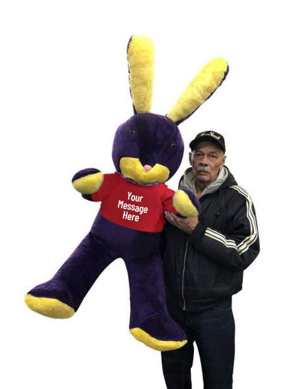 Design the Tshirt for Big Plush® Giant 5 Foot Purple Stuffed Bunny. Wears Tshirt Printed with Your Text