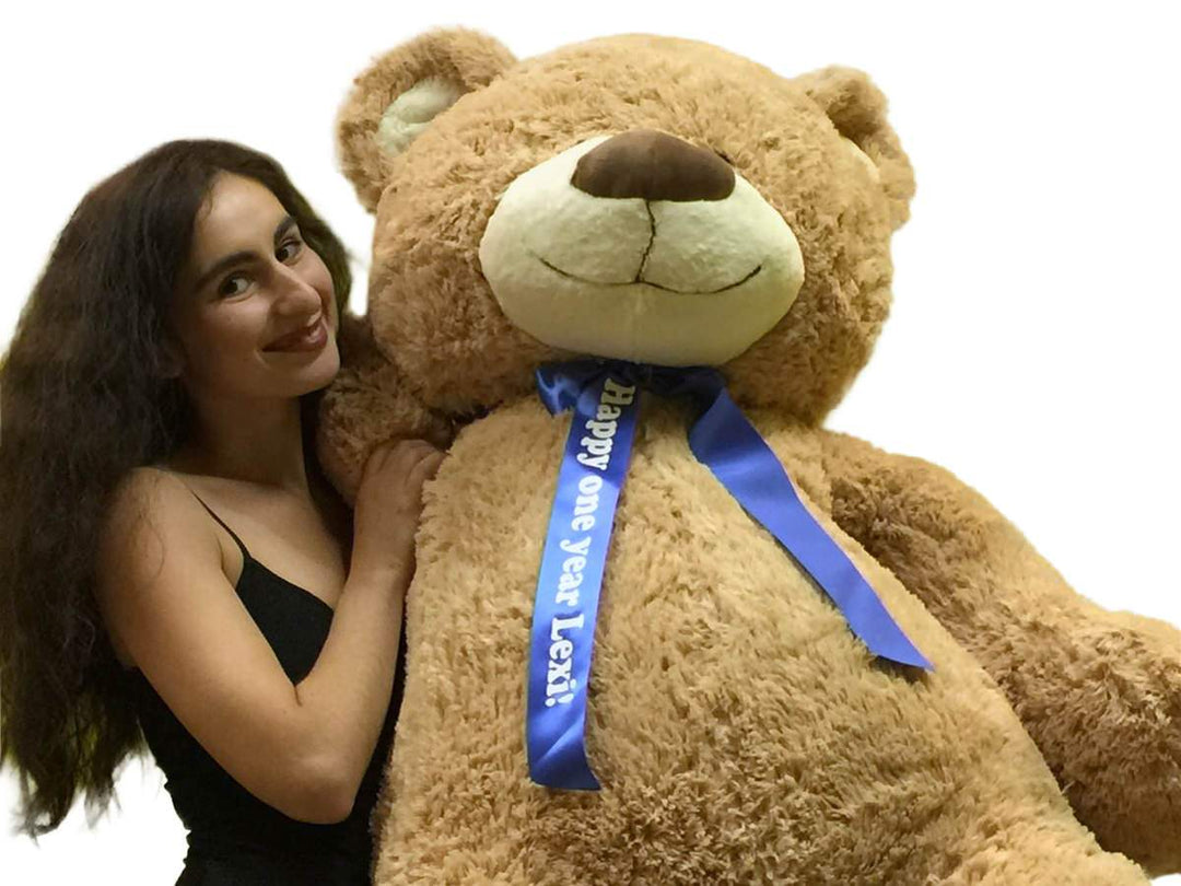 Custom Personalized Big Plush Giant Teddy Bear 5 Feet Tall - Your Name or Message Imprinted on Bear's Blue Neck Ribbon Bow - Tan Color with Bigfoot Paws Giant Stuffed Animal Bear