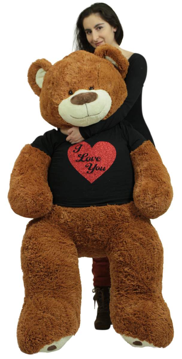 5 Foot Very Big Smiling Teddy Bear Wearing Black and Red I Love You T-shirt Soft Cookie Dough Color