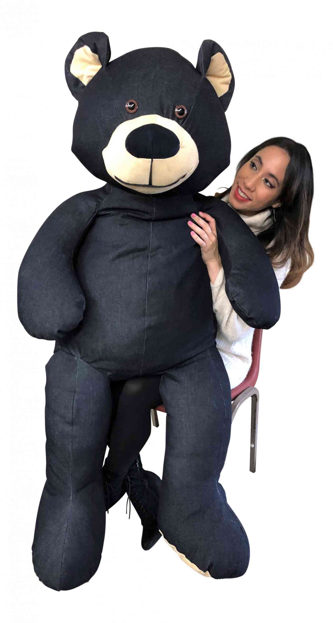 American Made Giant Denim  Teddy Bear Soft 60 Inches 5 Feet Tall, Huge Plushie created with Blue Jeans Dungarees Fabric weighs 20 Pounds Made in the USA