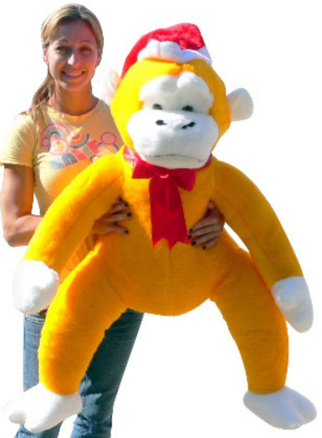 American Made Giant Yellow Stuffed Monkey 40 Inch Soft Big Plush Christmas Gorilla Wearing Santa Hat