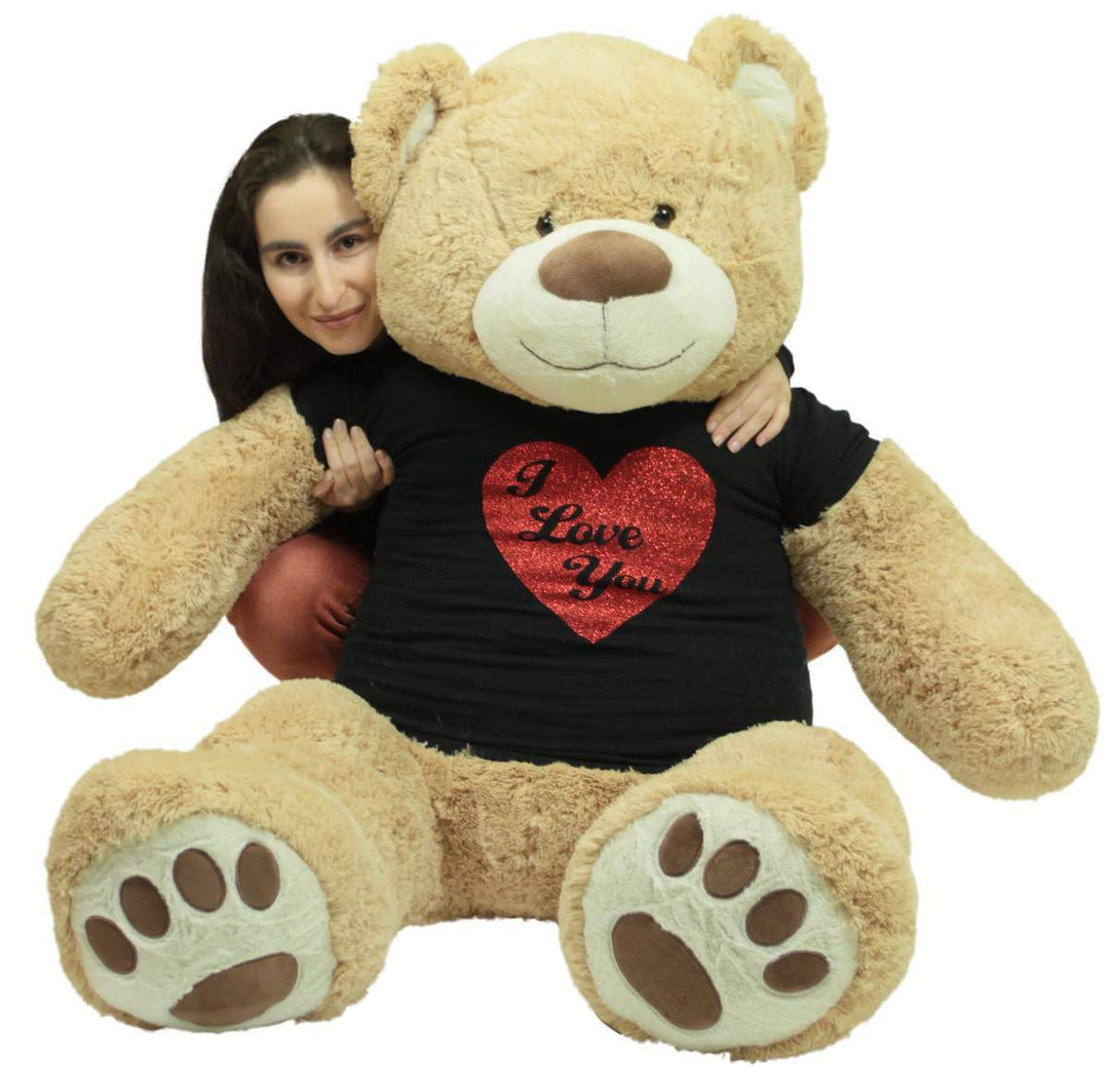 5 Foot Very Big Smiling Teddy Bear Wearing Black and Red I Love You T-shirt Soft  Tan Color