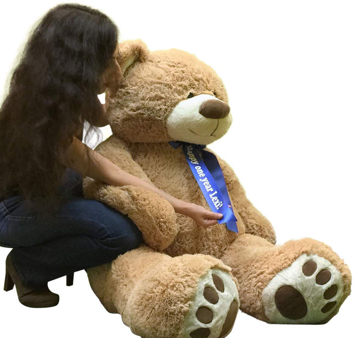 Custom Personalized Big Plush Giant Teddy Bear 5 Feet Tall - Your Name or Message Imprinted on Bear's Blue Neck Ribbon Bow - Tan Color with Bigfoot Paws Giant Stuffed Animal Bear