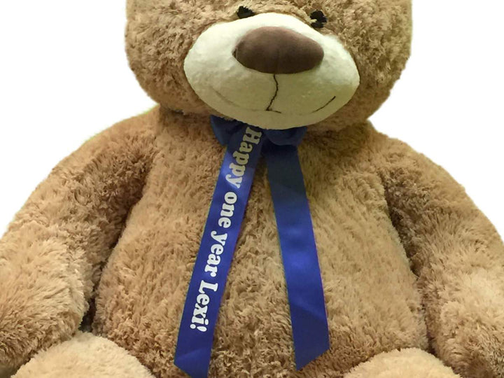 Custom Personalized Big Plush Giant Teddy Bear 5 Feet Tall - Your Name or Message Imprinted on Bear's Blue Neck Ribbon Bow - Tan Color with Bigfoot Paws Giant Stuffed Animal Bear