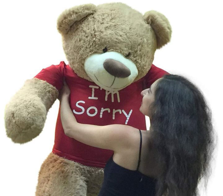 I'm Sorry Giant Teddy Bear 5 Feet Tall Tan Color Soft Wears T shirt that says I'M SORRY