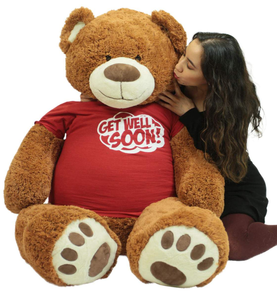 Get Well Soon Giant Teddy Bear 5 ft Soft 60 Inch, Wears Removable T-shirt Get Well Soon, Cookie Dough Color