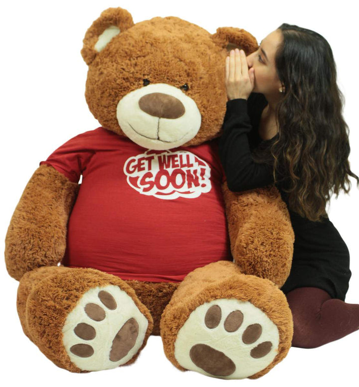 Get Well Soon Giant Teddy Bear 5 ft Soft 60 Inch, Wears Removable T-shirt Get Well Soon, Cookie Dough Color