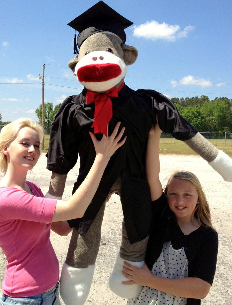 American Made Giant Graduation Sock Monkey Four and One Half Feet Tall Wearing Graduation Cap and Gown Made in the USA