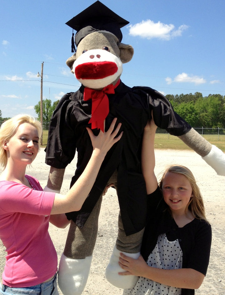 American Made Giant Graduation Sock Monkey Four and One Half Feet Tall Wearing Graduation Cap and Gown Made in the USA