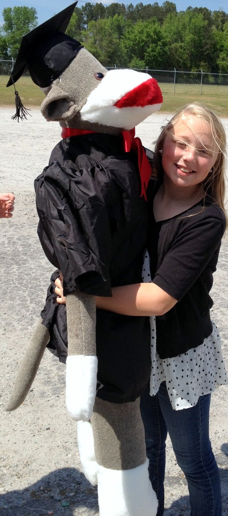 American Made Giant Graduation Sock Monkey Four and One Half Feet Tall Wearing Graduation Cap and Gown Made in the USA
