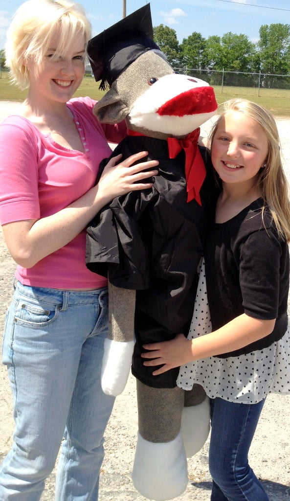 American Made Giant Graduation Sock Monkey Four and One Half Feet Tall Wearing Graduation Cap and Gown Made in the USA