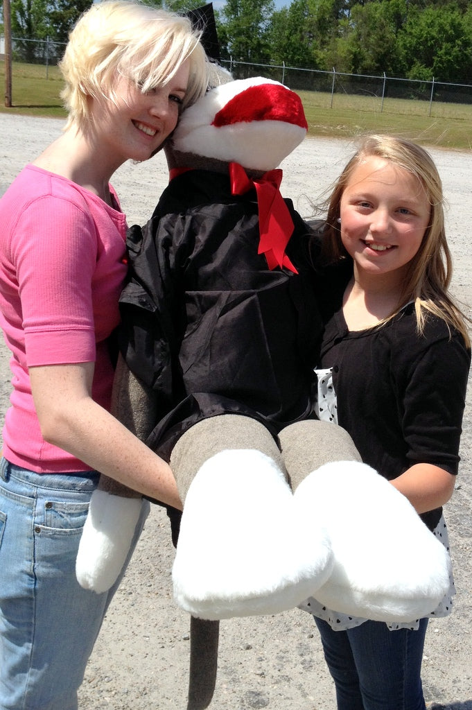 American Made Giant Graduation Sock Monkey Four and One Half Feet Tall Wearing Graduation Cap and Gown Made in the USA